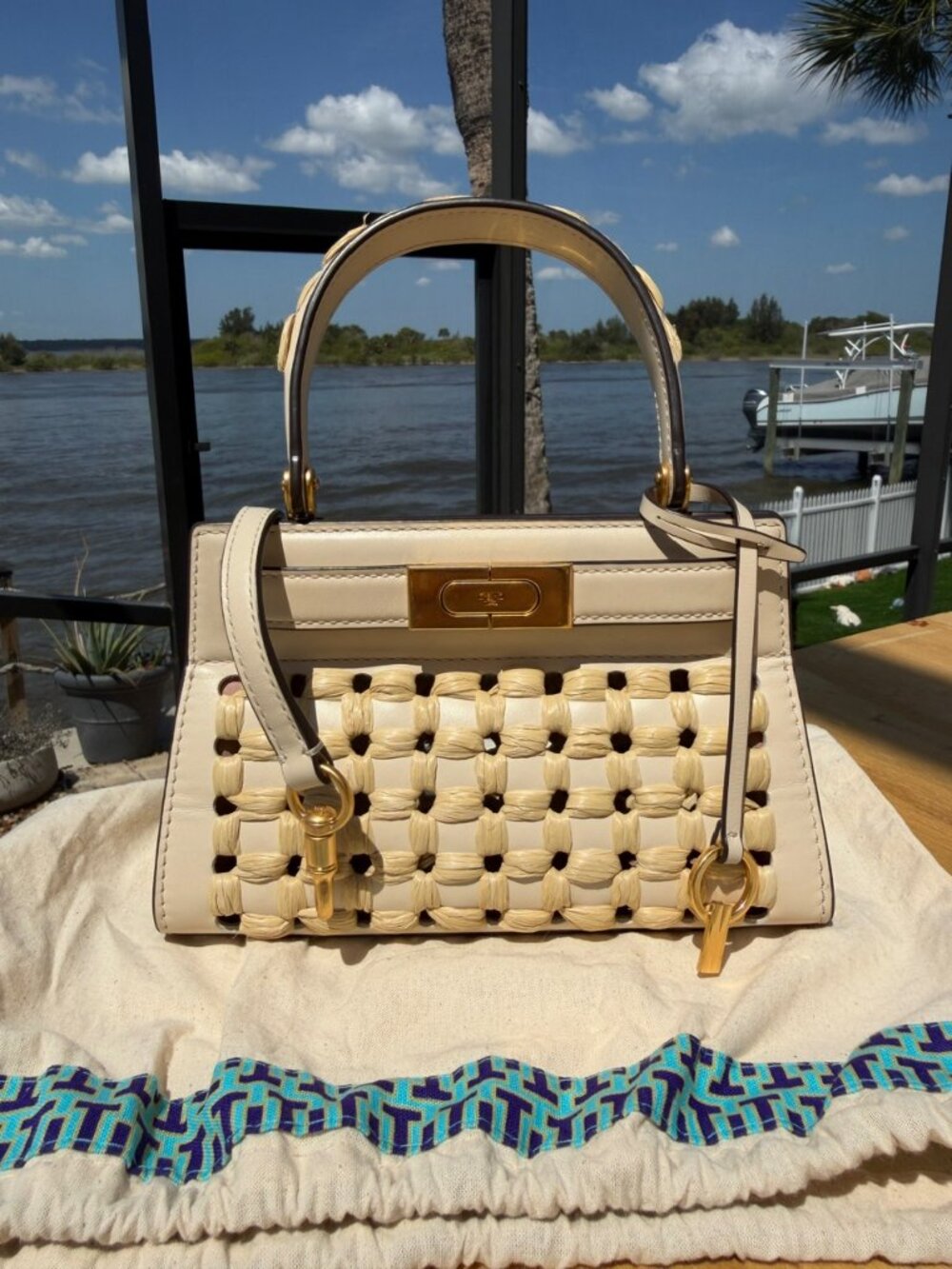 Tory Burch Lee Radziwill "Raffia Punch" Perforated Petite Bag in New Cream